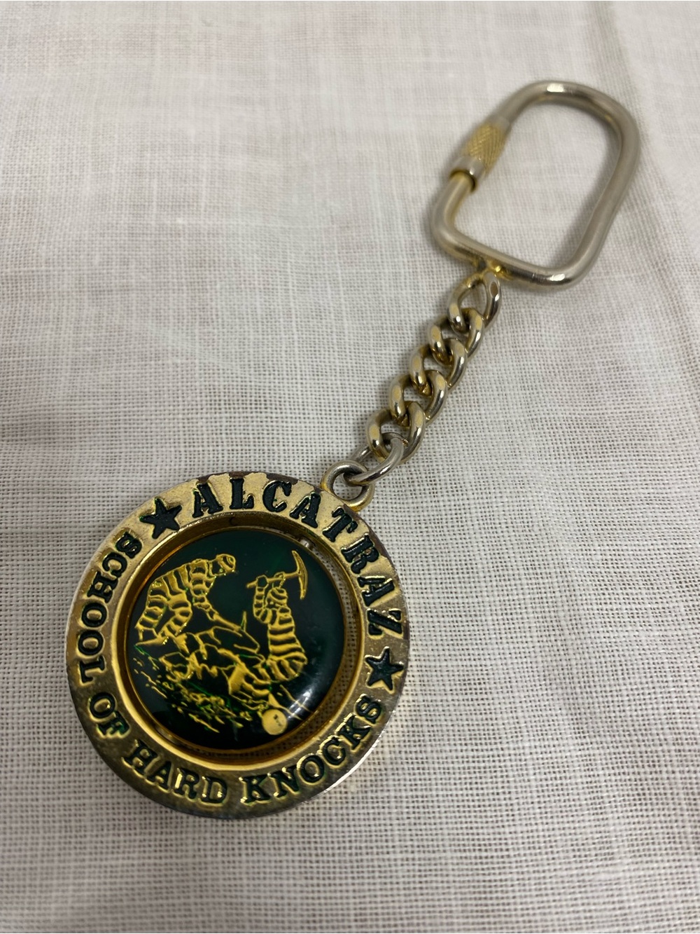 Vintage Alcatraz School of Hard Knocks Spinner Keychain Gold Black Souvenir